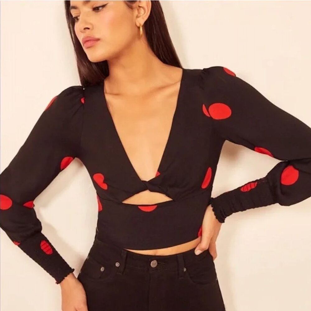 Reformation Marais Top—Black & Red Polka Dot Cropped Twist-front Blouse